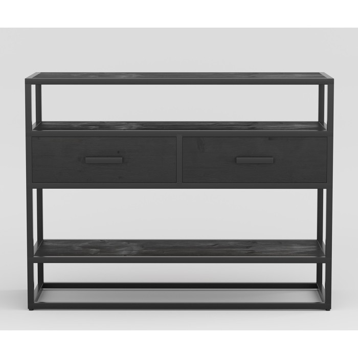 Console de salon avec tiroir et étagère de style industriel en bois massif exotique de Mangolia noir. Collection MADEIRO