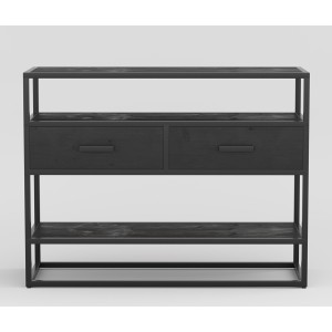 Console de salon avec tiroir et étagère de style industriel en bois massif exotique de Mangolia noir. Collection MADEIRO