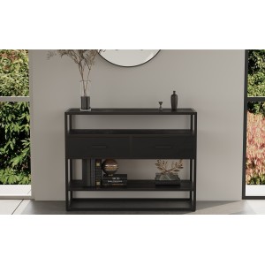 Console de salon avec tiroir et étagère de style industriel en bois massif exotique de Mangolia noir. Collection MADEIRO