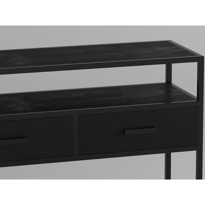 Console de salon avec tiroir et étagère de style industriel en bois massif exotique de Mangolia noir. Collection MADEIRO