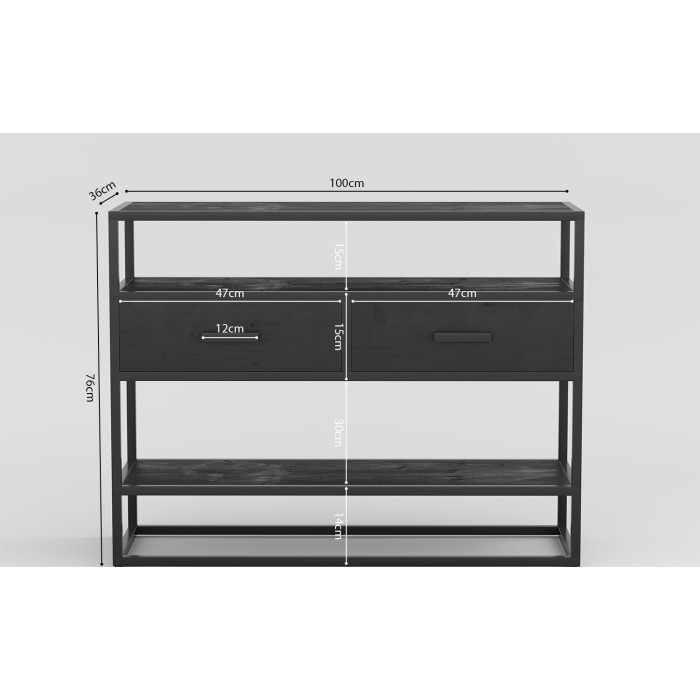 Console de salon avec tiroir et étagère de style industriel en bois massif exotique de Mangolia noir. Collection MADEIRO