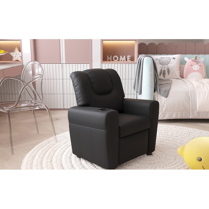 Mini fauteuil relax ITCHI relevable manuellement matière PU couleur noir, idéal pour un salon confortable.