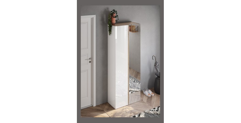 Meuble à chaussures avec 8 étagères réglables, collection KEY, coloris blanc brillant laqué et chêne cadiz