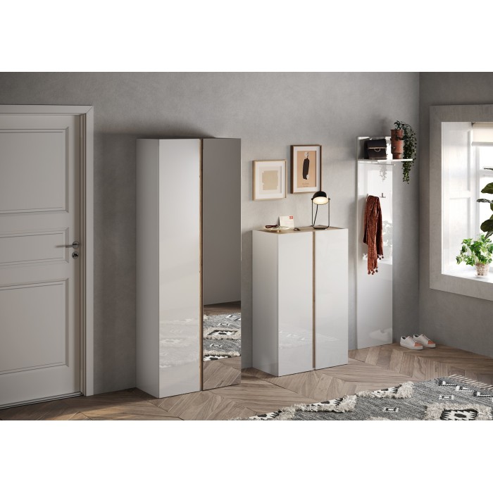 Meuble à chaussures avec 8 étagères réglables, collection KEY, coloris blanc brillant laqué et chêne cadiz