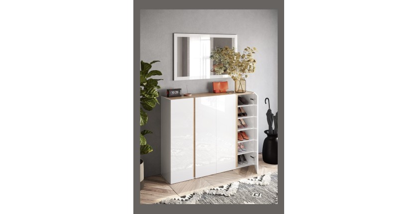 Meuble de rangement 4 portes 10 étagères réglables, collection KEY, coloris blanc laqué brillant et chêne cadiz