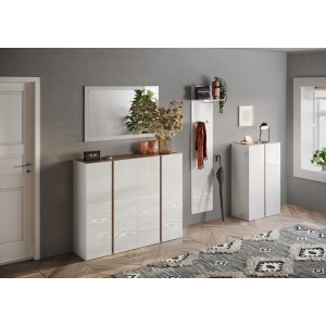 Meuble de rangement 4 portes 10 étagères réglables, collection KEY, coloris blanc laqué brillant et chêne cadiz