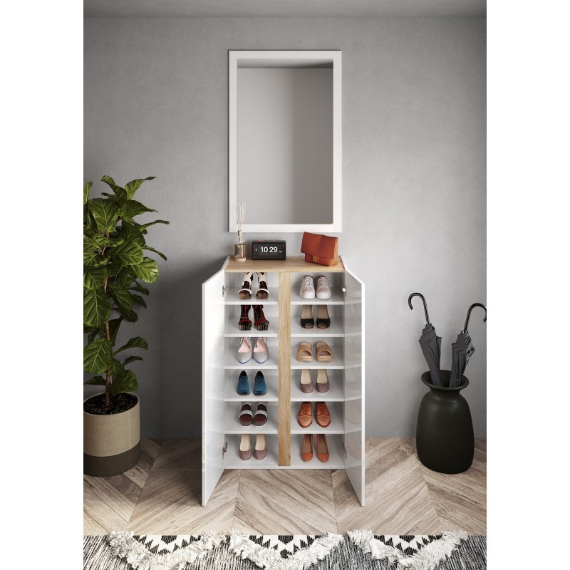 Meuble de rangement 2 portes 5 étagères réglables, collection KEY, coloris blanc laqué brillant et chêne cadiz