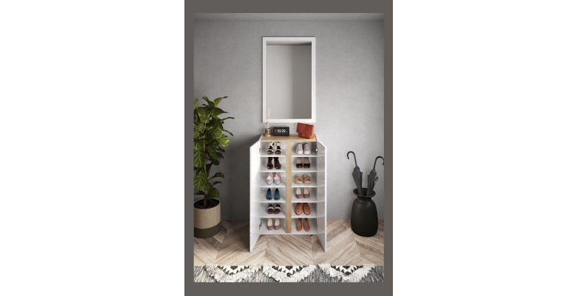 Meuble de rangement 2 portes 5 étagères réglables, collection KEY, coloris blanc laqué brillant et chêne cadiz