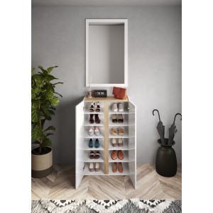 Meuble de rangement 2 portes 5 étagères réglables, collection KEY, coloris blanc laqué brillant et chêne cadiz