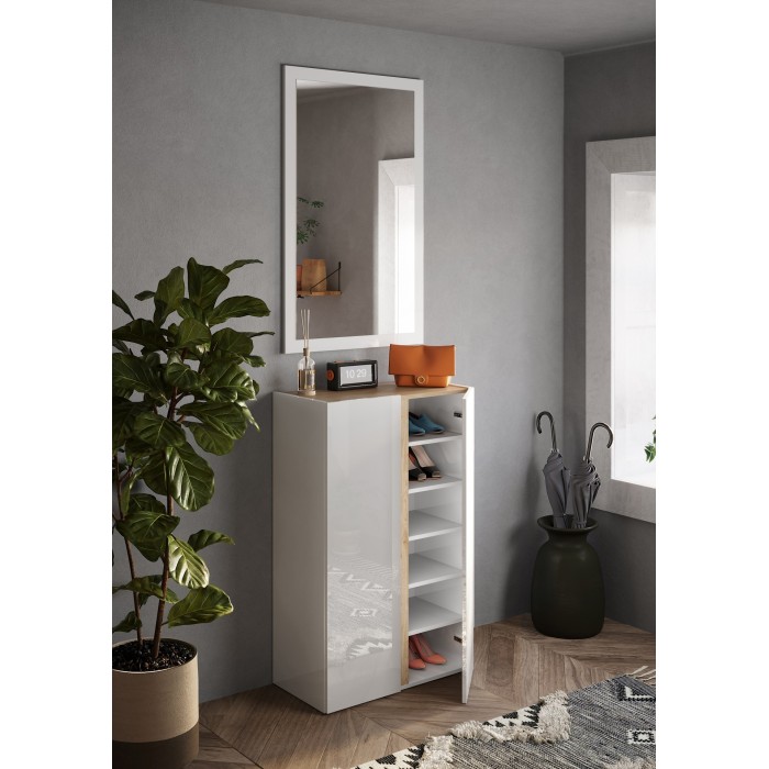 Meuble de rangement 2 portes 5 étagères réglables, collection KEY, coloris blanc laqué brillant et chêne cadiz