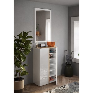 Meuble de rangement 2 portes 5 étagères réglables, collection KEY, coloris blanc laqué brillant et chêne cadiz