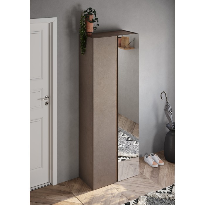 Armoire de rangement 2 portes 1 miroir avec 8 étagères réglables, collection KEY, coloris marron et chêne