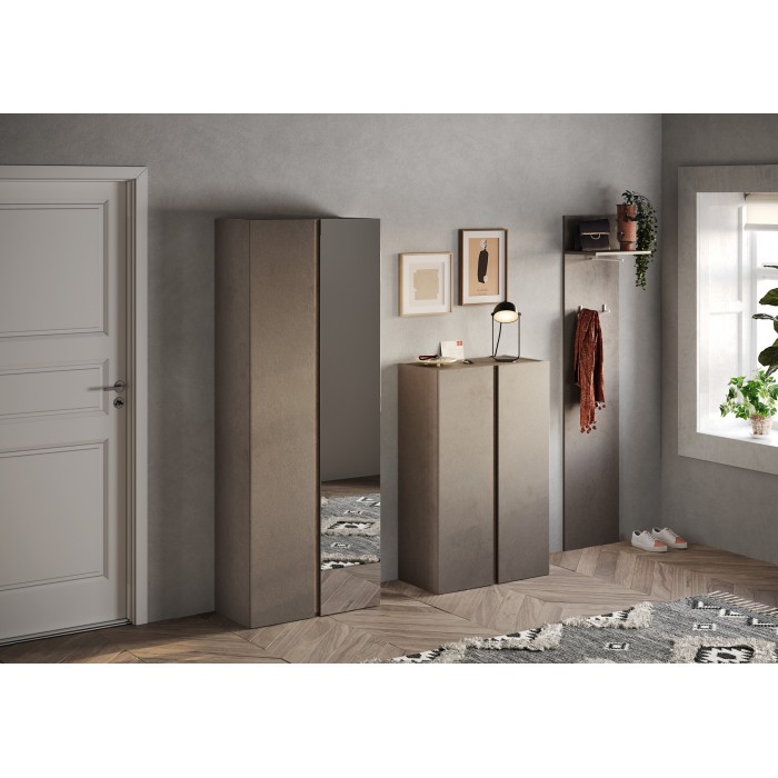 Armoire de rangement 2 portes 1 miroir avec 8 étagères réglables, collection KEY, coloris marron et chêne