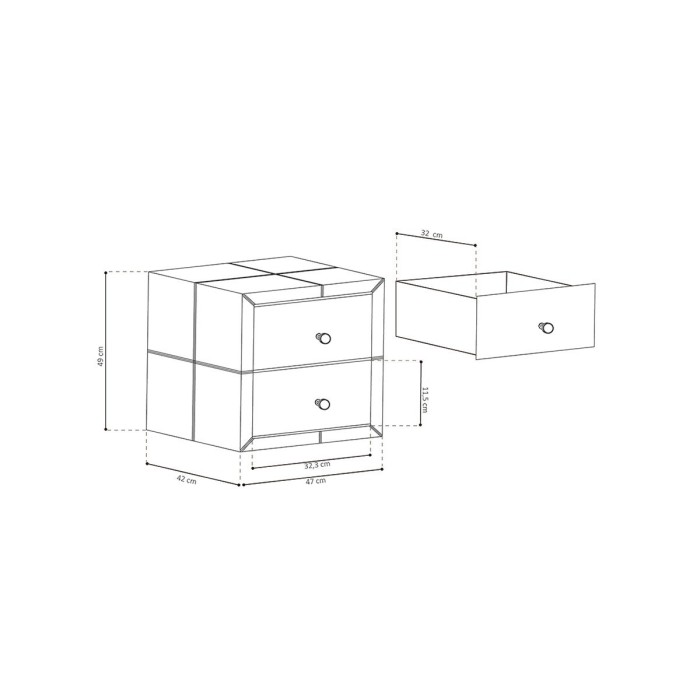Table de chevet deux tiroirs corps gris et façades recouverte de miroirs collection OLYMPE