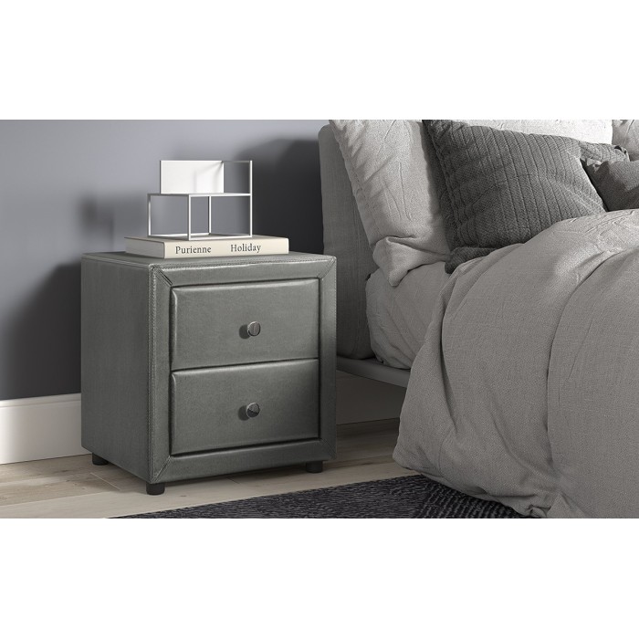 Table de chevet deux tiroirs corps gris et façades recouverte de miroirs collection OLYMPE