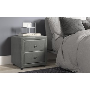 Table de chevet deux tiroirs corps gris et façades recouverte de miroirs collection OLYMPE