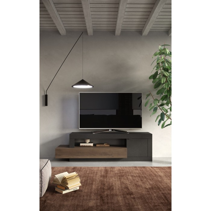 Meuble TV 1 porte 1 tiroir collection DOMI. Coloris gris anthracite \ chêne foncé, idéal dans un salon design