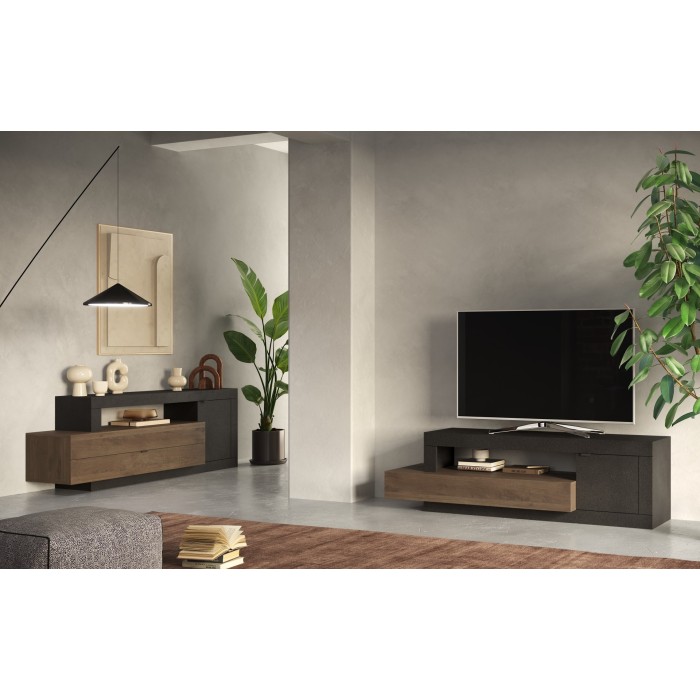 Meuble TV 1 porte 1 tiroir collection DOMI. Coloris gris anthracite \ chêne foncé, idéal dans un salon design