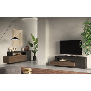 Meuble TV 1 porte 1 tiroir collection DOMI. Coloris gris anthracite \ chêne foncé, idéal dans un salon design