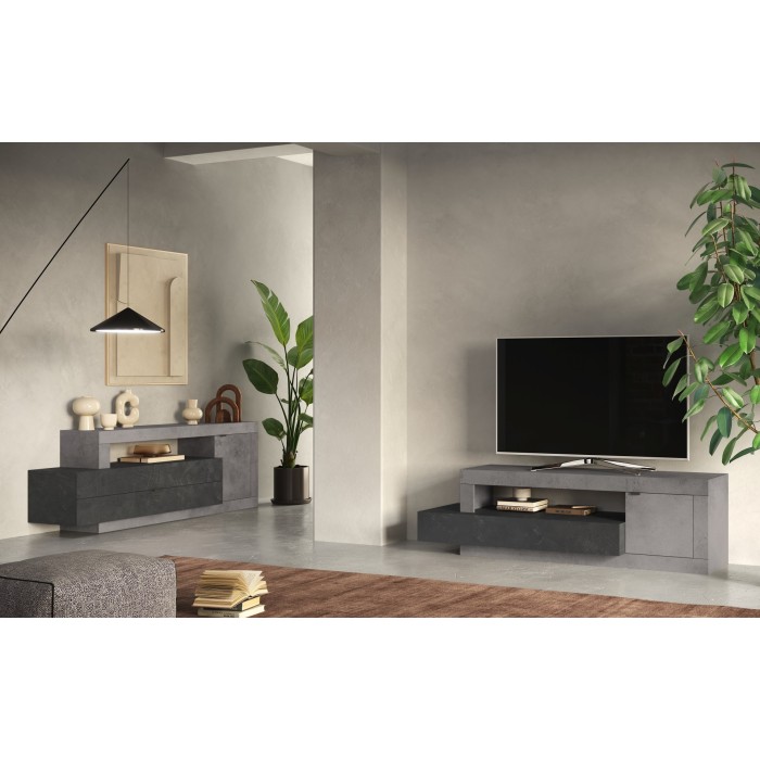 Meuble TV 1 porte 1 tiroir collection DOMI. Coloris effet béton et gris anthracite, idéal dans un salon design