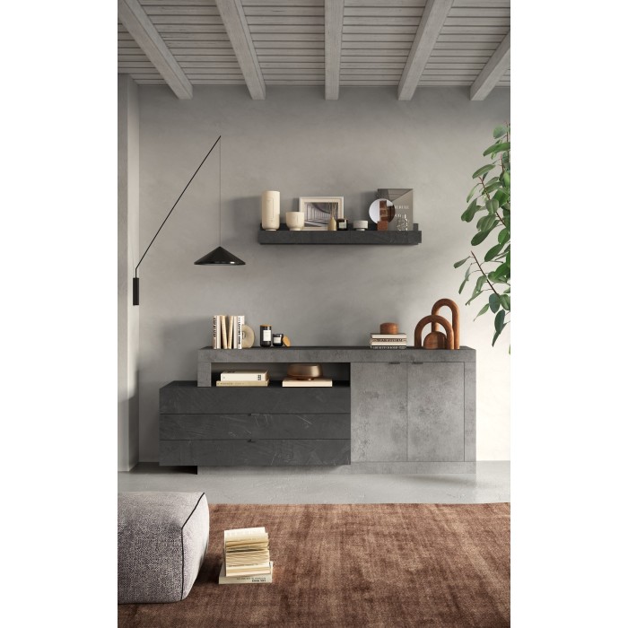 Buffet 2 portes et 3 tiroirs collection DOMI. Coloris effet béton et gris anthracite