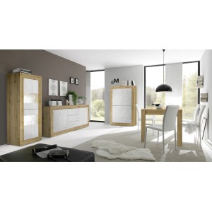 Buffet design 4 portes en bois collection ACCESS. Coloris blanc et chêne clair