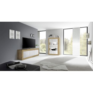 Vitrine design 4 portes collection ACCESS. Coloris blanc et chêne clair