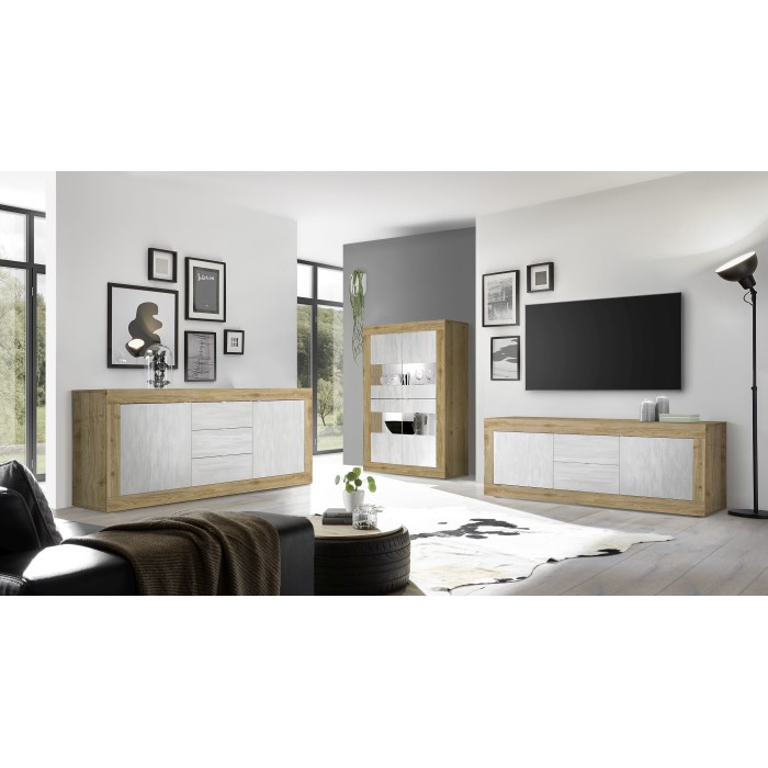 Vitrine design 4 portes collection ACCESS. Coloris blanc et chêne clair