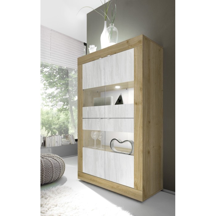 Vitrine design 4 portes collection ACCESS. Coloris blanc et chêne clair