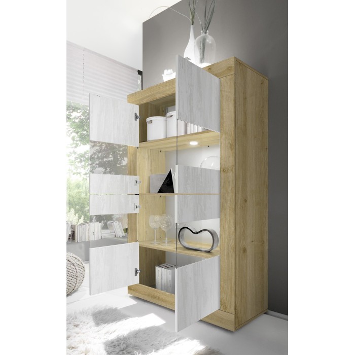 Vitrine design 4 portes collection ACCESS. Coloris blanc et chêne clair
