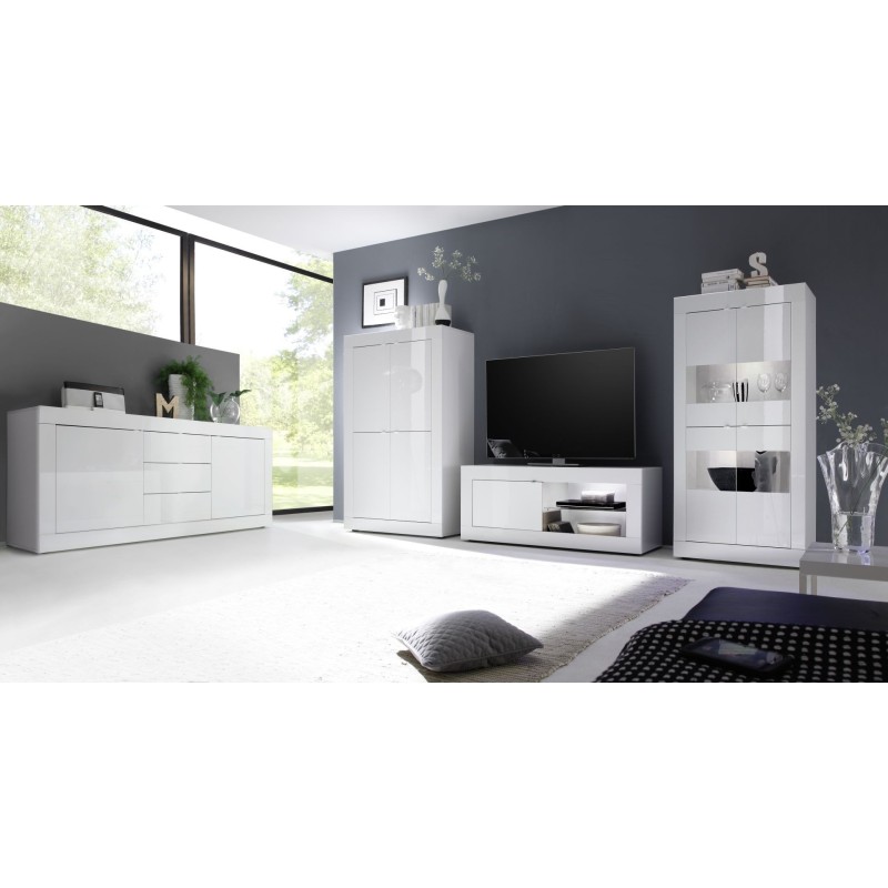 Meuble TV 1 porte, collection CISA, coloris blanc laqué brillant