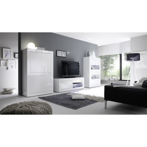 Meuble TV 1 porte, collection CISA, coloris blanc laqué brillant