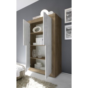 Buffet design 4 portes en bois collection ACCESS. Coloris blanc et chêne foncé