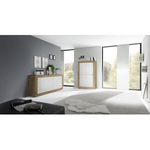 Buffet design 4 portes en bois collection ACCESS. Coloris blanc et chêne foncé