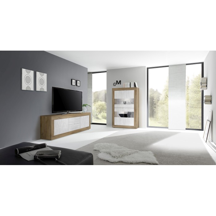 Vitrine design 4 portes collection ACCESS. Coloris blanc et chêne foncé