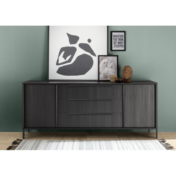 Buffet 2 portes 3 tiroirs collection IRON. Coloris chêne noir