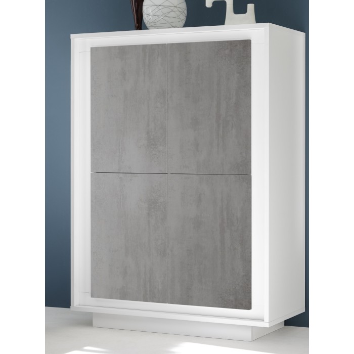 Vaisselier 4 portes, collection FALL, coloris blanc mat laqué et gris aspect béton