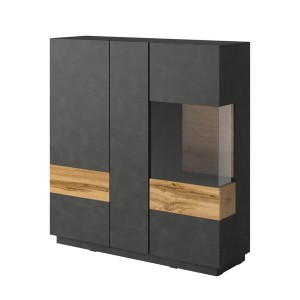 Buffet haut KILES trois portes. Coloris gris anthracite et chêne. Style design
