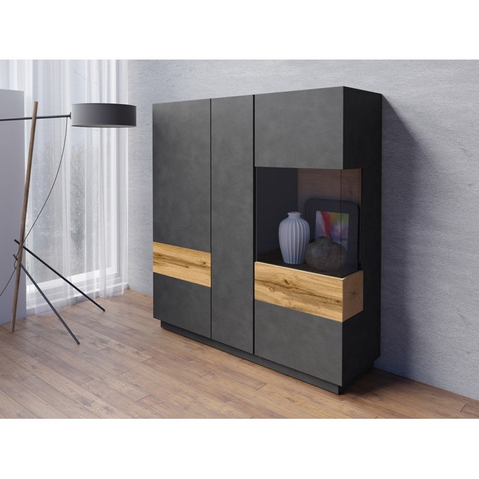 Buffet haut KILES trois portes. Coloris gris anthracite et chêne. Style design