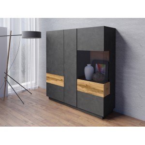 Buffet haut KILES trois portes. Coloris gris anthracite et chêne. Style design