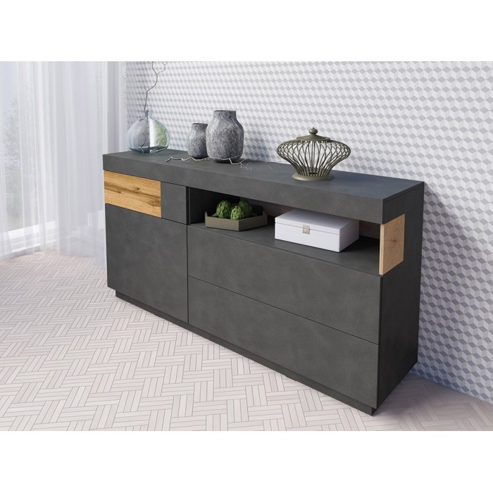 Buffet collection KILES 170cm. Coloris gris anthracite et chêne. Style design