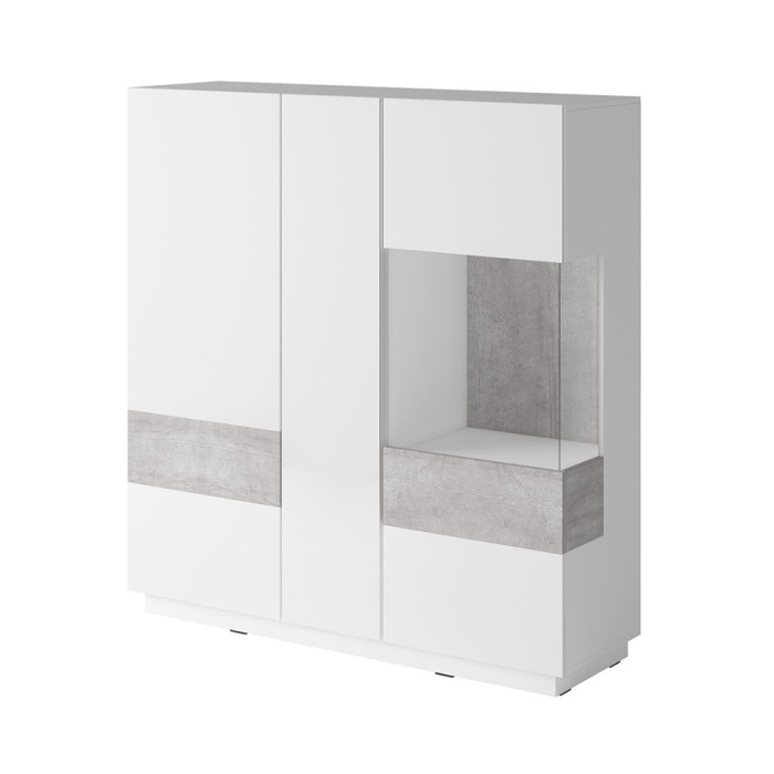 Buffet haut KILES trois portes. Coloris blanc et gris. Style design
