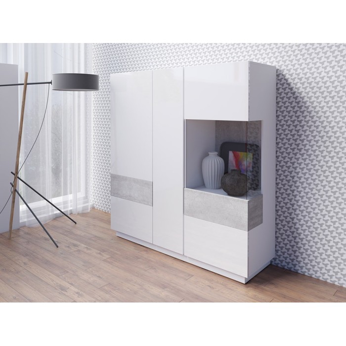 Buffet haut KILES trois portes. Coloris blanc et gris. Style design