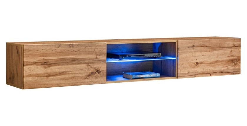 Meuble TV suspendu 180cm avec 2 portes et niches éclairées. Meuble coloris chêne Wotan. Collection SWITCH.