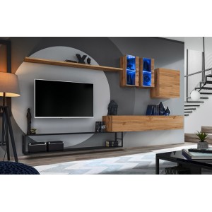 Vitrine suspendue petit modèle coloris chêne pour salon collection SWITCH. 1 porte vitrée avec éclairage LED inclus.