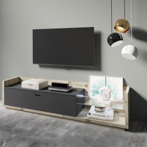Meuble TV XL 220cm. Collection CORK. Coloris Pin et gris anthracite