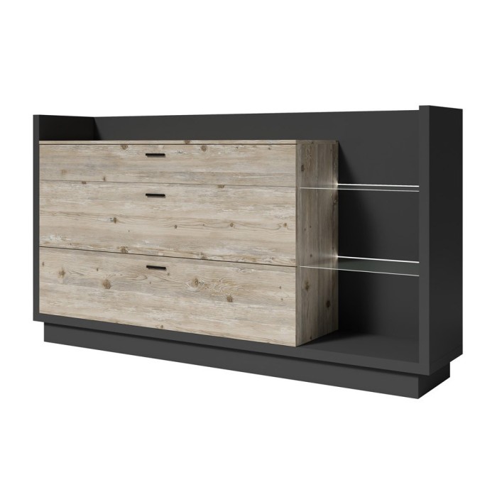 Buffet design XL 200cm. Collection CORK 3 tiroirs et étagères. Coloris gris et pin