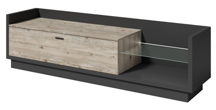 Meuble TV XL 220cm. Collection CORK. Coloris gris anthracite et pin