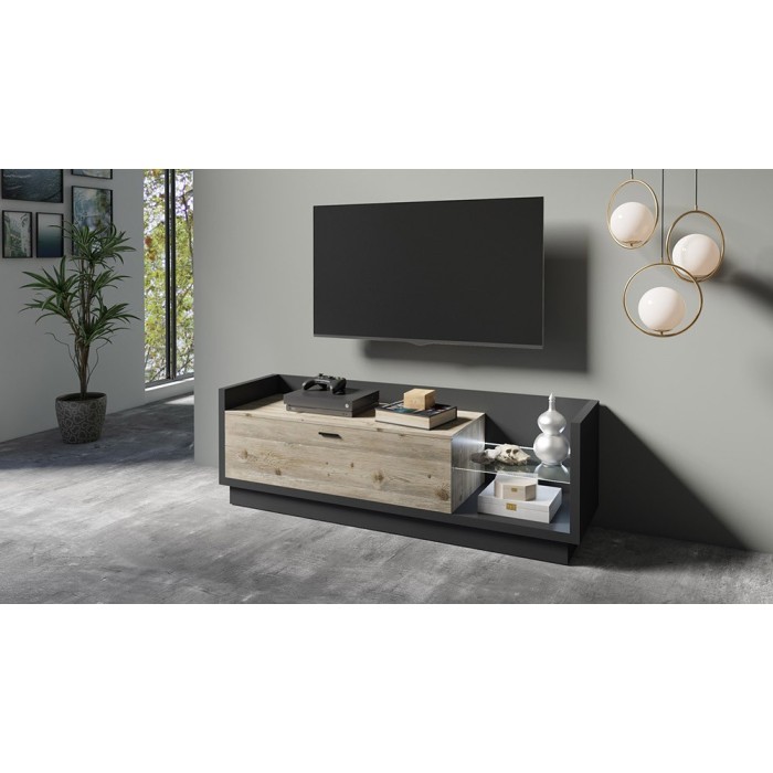 Meuble TV XL 220cm. Collection CORK. Coloris gris anthracite et pin
