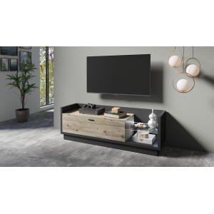Meuble TV XL 220cm. Collection CORK. Coloris gris anthracite et pin